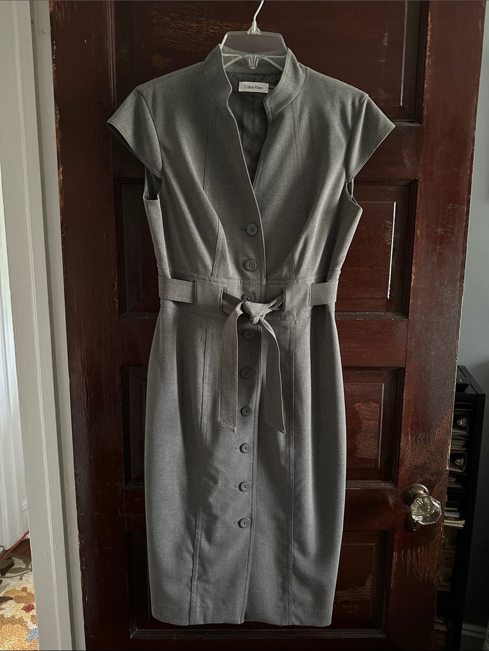Calvin Klein Gray Cap-Sleeve Belted Sheath Dress